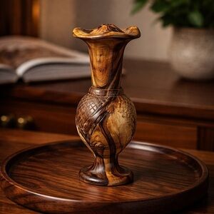 Bohemian Look Hand Carved Cross Hatched Olive Wood Miniature Bud Vase